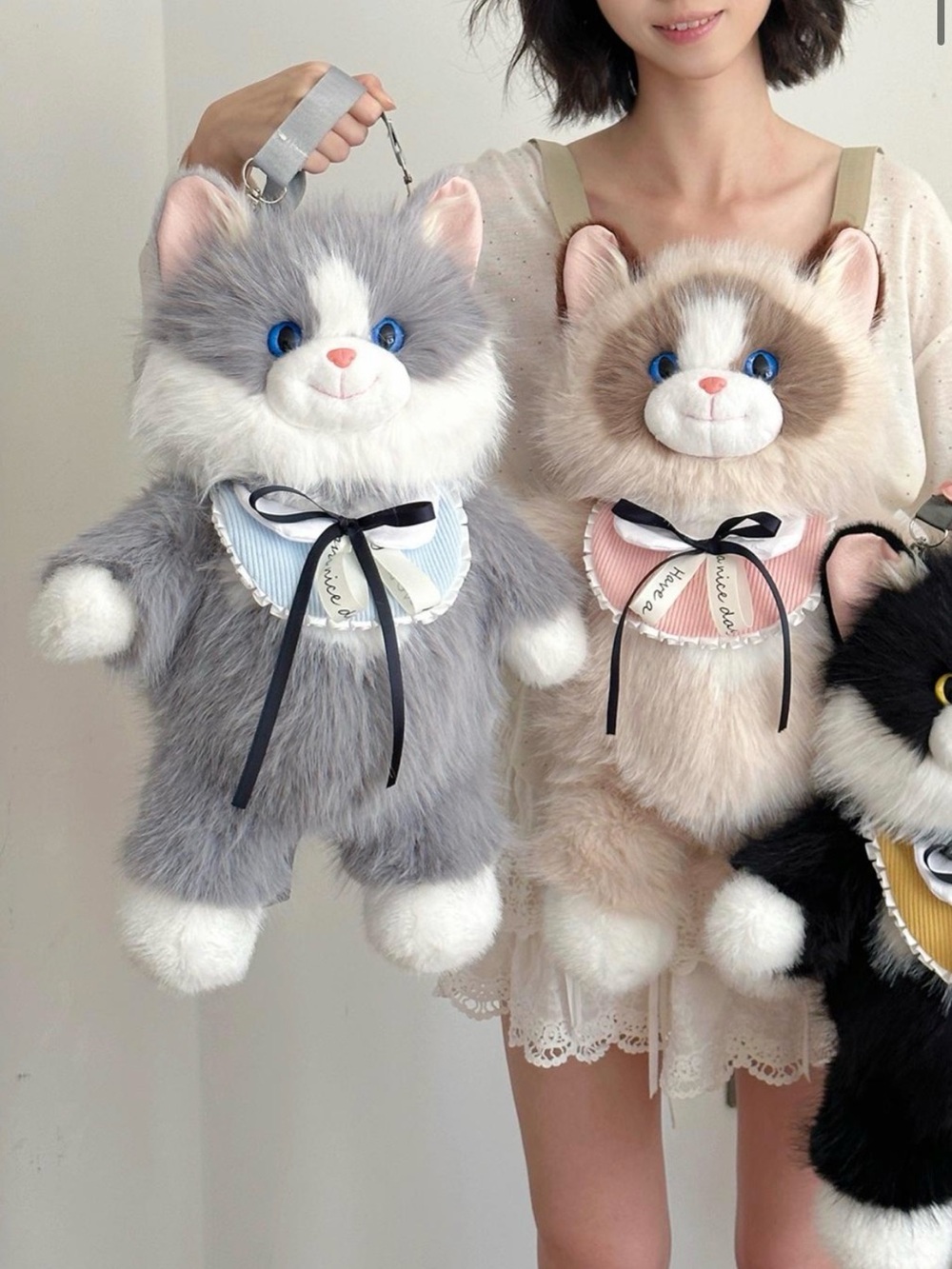 NEW Tik Tok Famous Plush Cat Backpack with Light Blue Bib Unisex